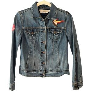 Tommy Hilfiger Womens Distressed Embroidery Bird Heart Denim Jean Jacket Blue XS